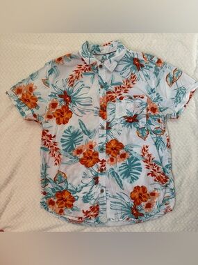 Plugg Short-Sleeve Button-Down Tropical Shirt - Orange & Teal